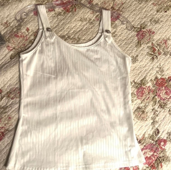 Small White Tank Top with Silver Button Small Ribbed Texture Casual Minimalist - Picture 6 of 6